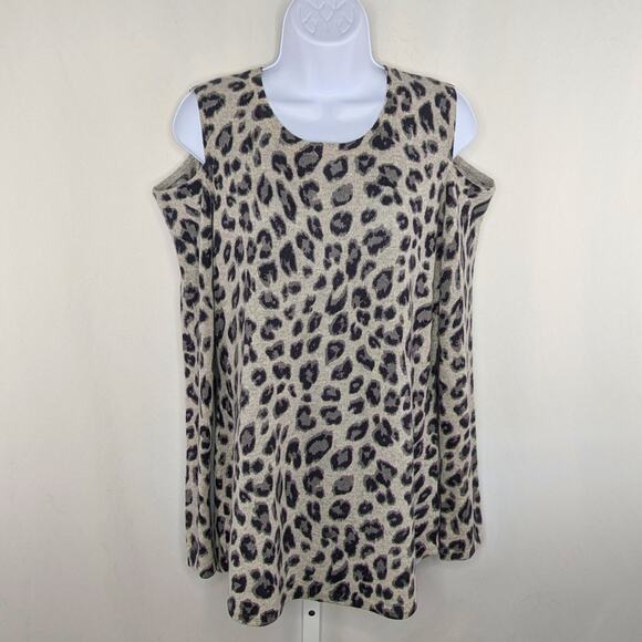 Charter Club Sweater Womens Large Cashmere Gray Leopard Print Ski Cold Shoulder - Picture 6 of 8